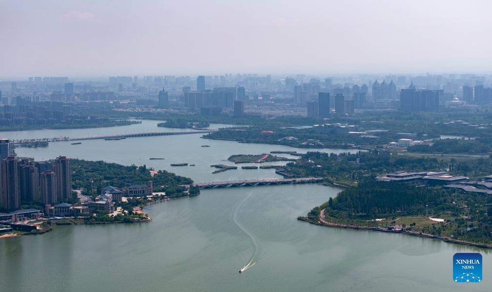 An aerial drone photo taken on Aug. 28, 2024 shows a view in the Yuehai national wetland park of Yinchuan, northwest China's Ningxia Hui Autonomous Region. (Photo: Xinhua)