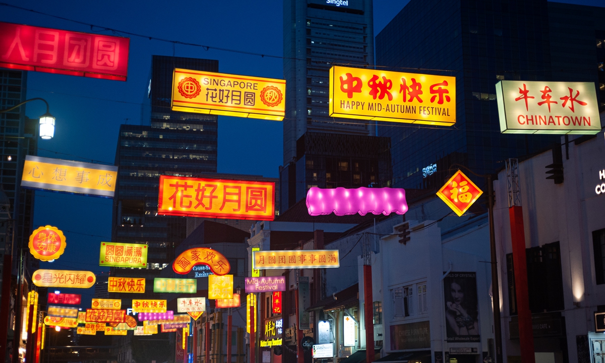 A view along South Bridge Road decorated with illuminated colorful banners during the Mid-Autumn Festival in Singapore. Photo: VCG