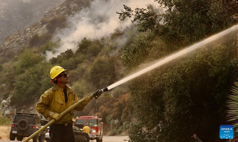 A firefighter battles the wildfire, dubbed the Bridge Fire, in Mt. Baldy community area in Los Angeles County, California, the United States on Sept. 11, 2024. Bridge Fire, the largest wildfire in California as of Wednesday, exponentially exploded from 4,000 acres (16.2 square km) early Tuesday to nearly 48,000 acres (194.2 square km) with zero containment. (Photo: Xinhua)