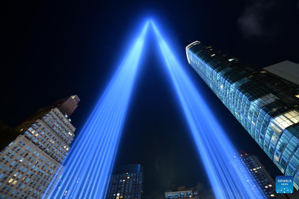 The Tribute in Light, an art installation of searchlights to create two vertical columns of light to represent the Twin Towers, is seen to mark the 23rd anniversary of the 9/11 attacks in New York, the United States, on Sept. 11, 2024. (Photo: Xinhua)