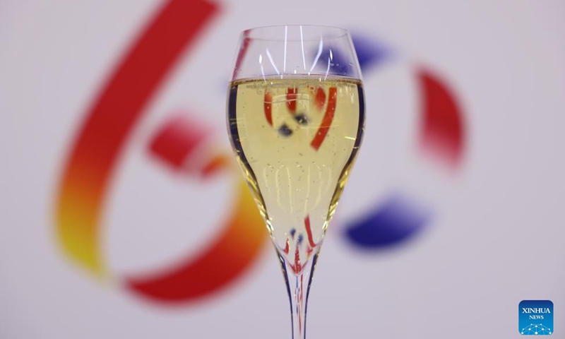 A glass of champagne is pictured at the national pavilion of France in the China National Convention Center during the 2024 China International Fair for Trade in Services (CIFTIS) in Beijing, capital of China, Sept. 12, 2024.