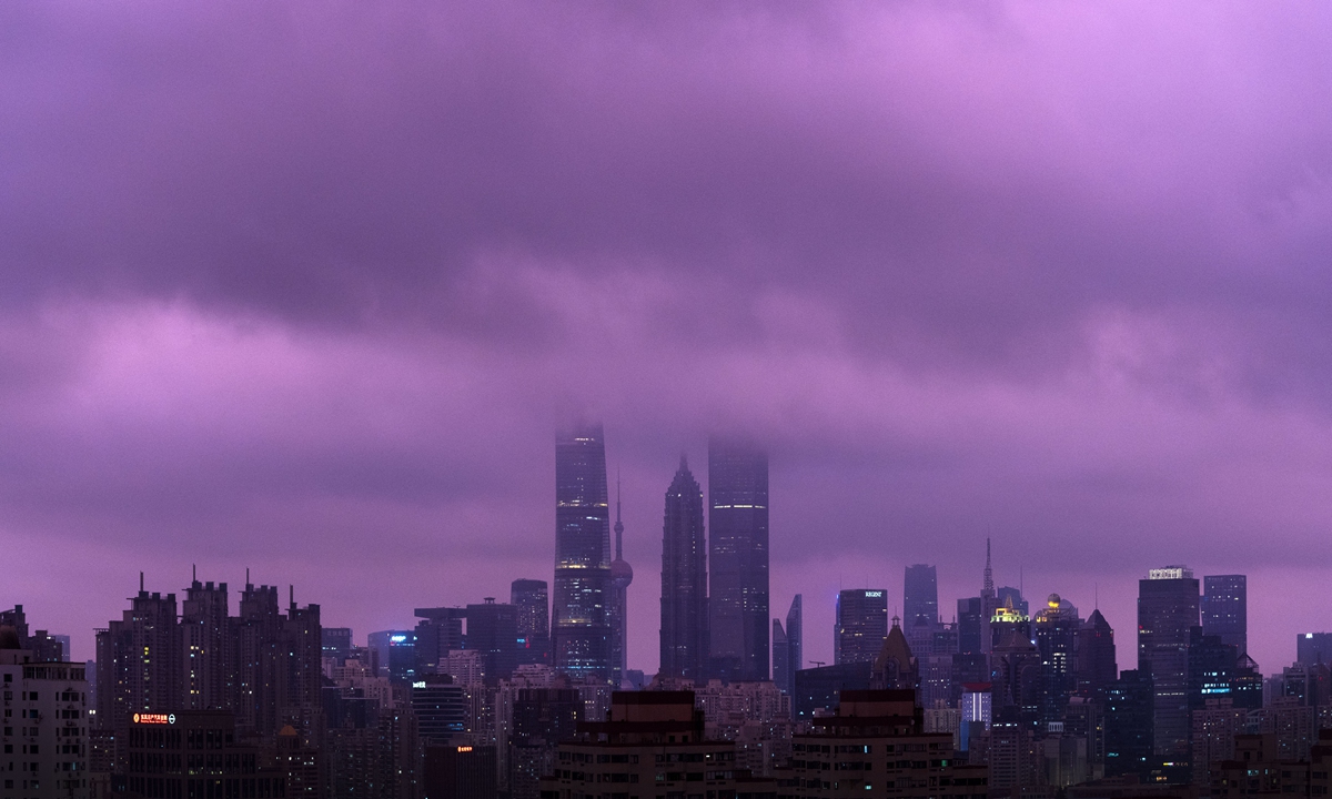 Typhoon Bebinca brings an unusual purple sky to Shanghai on September 15, 2024. Photo: VCG