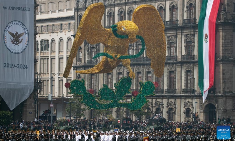 Soldiers participate in an Independence Day military parade at the Zocalo Square in Mexico City, Mexico, on Sept. 16, 2024. (Photo: Xinhua)