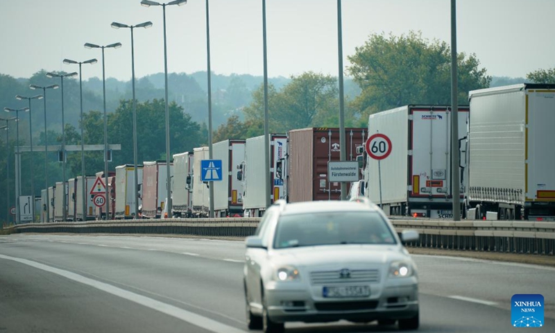 Trucks line up to enter Germany near Slubice, Poland on Sept. 16, 2024. Germany tightened border controls on Sept. 16. The new measures affected Germany's borders with France, Luxembourg, the Netherlands, Belgium, Denmark, Austria, Switzerland, the Czech Republic, and Poland. (Photo: Xinhua)