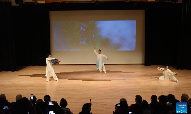 Actors of an art delegation from central China's Hubei Province performs at a celebration event, dubbed Ode to the Moon, in the city of Christchurch, New Zealand South Island, Sept. 15, 2024. This event aims to celebrate the Mid-Autumn Festival and sister-city ties between Hubei's capital Wuhan and Christchurch. Featuring dance, songs, instrumental ensemble, as well as acrobatics, magic show and tai-chi demonstrations, the performances attracted more than 700 people.(Photo: Xinhua)