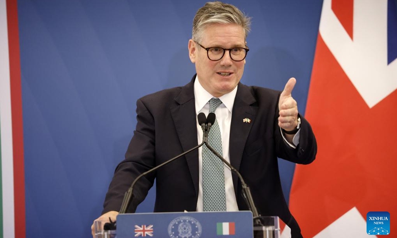 British Prime Minister Keir Starmer attends a press conference with Italian Prime Minister Giorgia Meloni (not in the picture) at Villa Doria Pamphili in Rome, Italy, on Sept. 16, 2024. The two leaders held a closed-door session before addressing the media, discussing immigration, the Russia-Ukraine conflict, energy policy, economic growth, and post-Brexit relations between the UK and the European Union. (Photo: Xinhua)