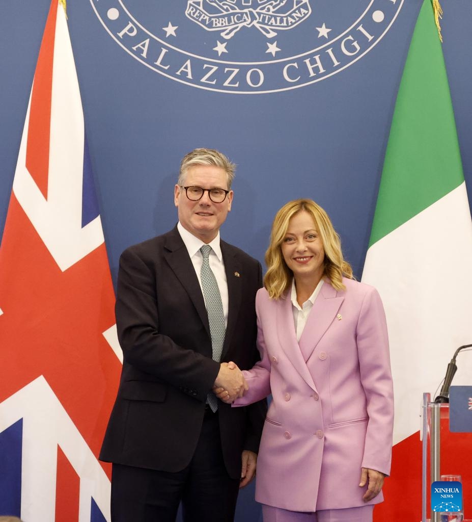 Italian Prime Minister Giorgia Meloni (R) meets with British Prime Minister Keir Starmer at Villa Doria Pamphili in Rome, Italy, on Sept. 16, 2024. The two leaders held a closed-door session before addressing the media, discussing immigration, the Russia-Ukraine conflict, energy policy, economic growth, and post-Brexit relations between the UK and the European Union. (Photo: Xinhua)