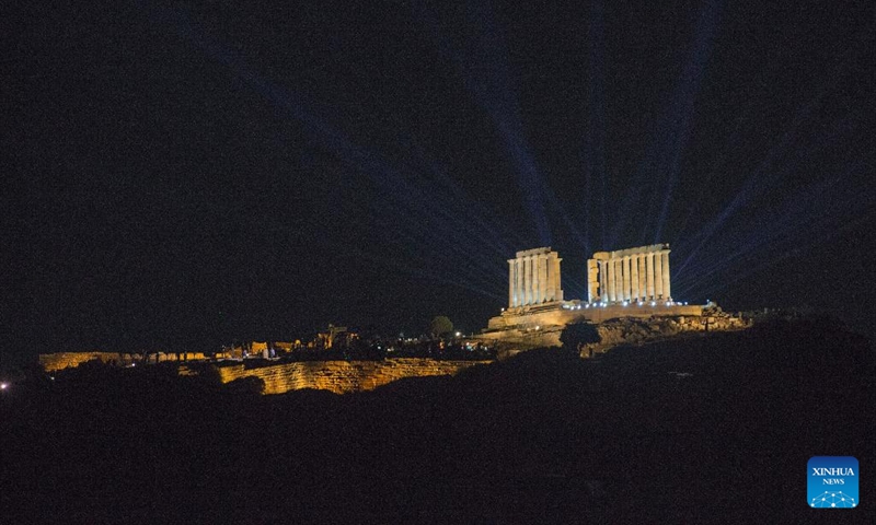 The new lighting for the Temple of Poseidon is pictured at Cape Sounion, Greece, Sept. 16, 2024. (Photo: Xinhua)