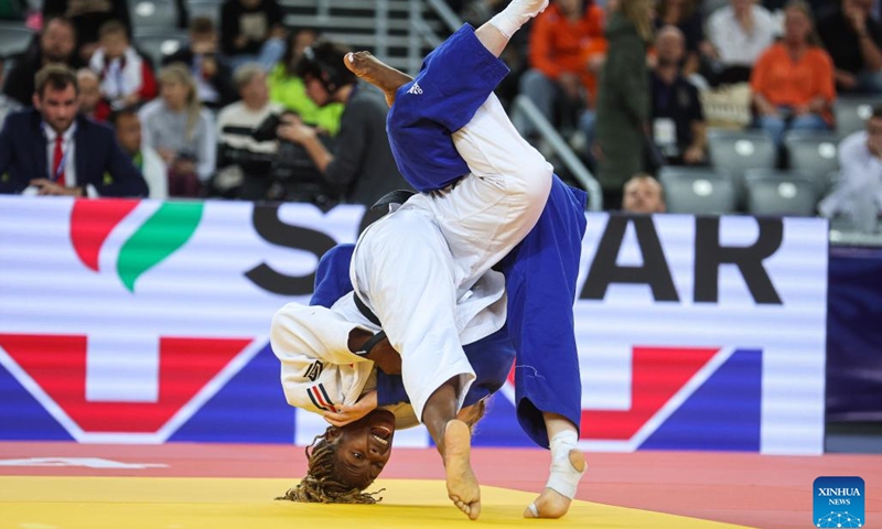 Liz Ngelebeya (L) of France competes against Coralie Godbout of Canada during women's -78kg bronze medal match at the IJF Judo Grand Prix Zagreb 2024 in Zagreb, Croatia, Sept. 15, 2024. (Photo: Xinhua)