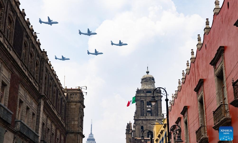 Aircrafts fly in formation during an Independence Day military parade in Mexico City, Mexico, on Sept. 16, 2024. (Photo: Xinhua)