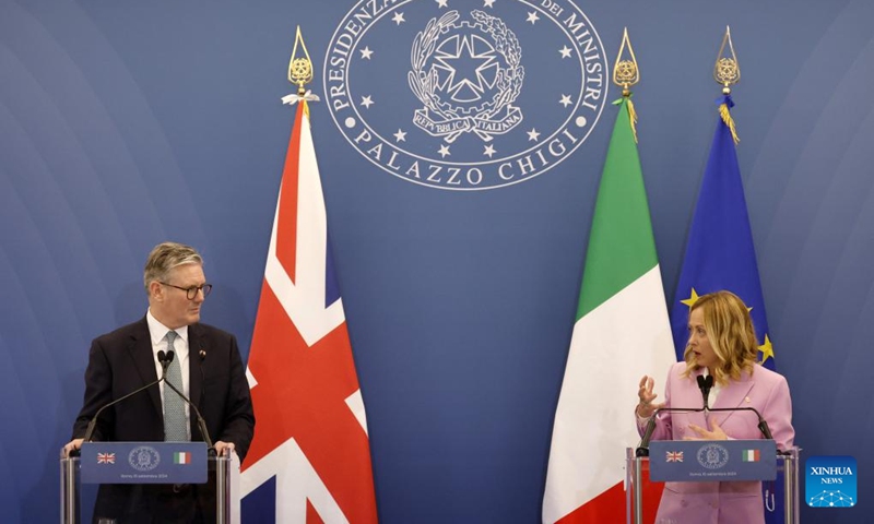 Italian Prime Minister Giorgia Meloni (R) and British Prime Minister Keir Starmer attend a press conference at Villa Doria Pamphili in Rome, Italy, on Sept. 16, 2024. The two leaders held a closed-door session before addressing the media, discussing immigration, the Russia-Ukraine conflict, energy policy, economic growth, and post-Brexit relations between the UK and the European Union. (Photo: Xinhua)