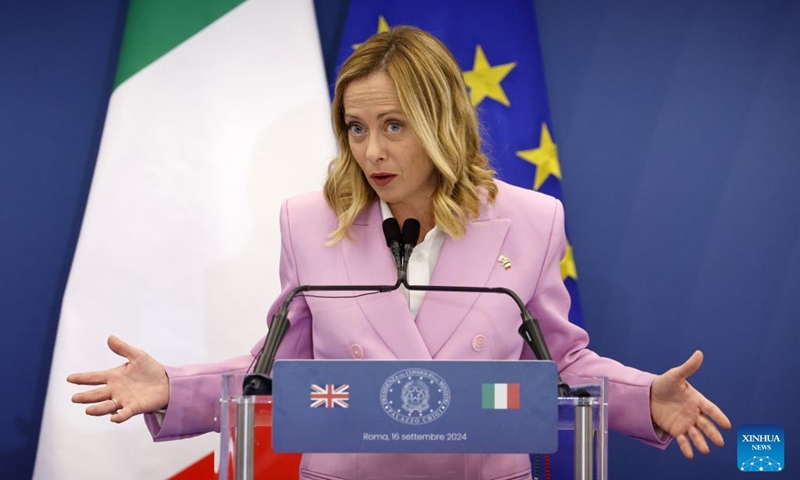 Italian Prime Minister Giorgia Meloni attends a press conference with British Prime Minister Keir Starmer (not in the picture) at Villa Doria Pamphili in Rome, Italy, on Sept. 16, 2024. The two leaders held a closed-door session before addressing the media, discussing immigration, the Russia-Ukraine conflict, energy policy, economic growth, and post-Brexit relations between the UK and the European Union. (Photo: Xinhua)