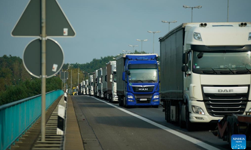 Trucks wait to enter Germany near Slubice, Poland on Sept. 16, 2024. Germany tightened border controls on Sept. 16. The new measures affected Germany's borders with France, Luxembourg, the Netherlands, Belgium, Denmark, Austria, Switzerland, the Czech Republic, and Poland.(Photo: Xinhua)