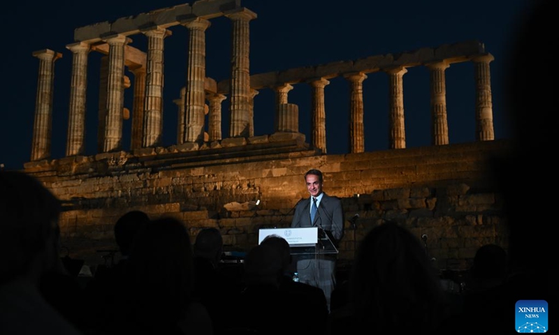 Greek Prime Minister Kyriakos Mitsotakis inaugurates the new lighting for the Temple of Poseidon at Cape Sounion, Greece, Sept. 16, 2024. (Photo: Xinhua)