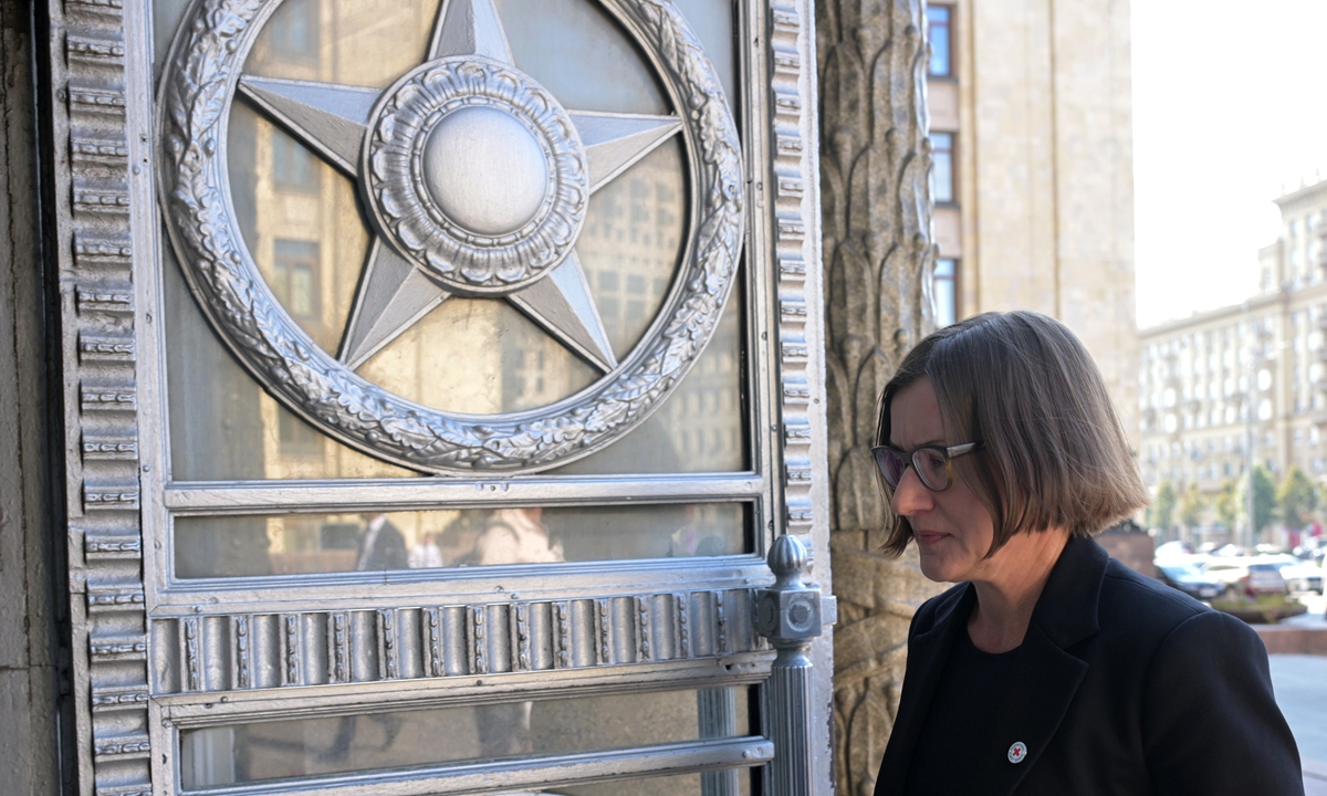 President of the International Committee of the Red Cross (ICRC) Mirjana Spoljaric enters the Russian Foreign Ministry on September 17, 2024 for a meeting with Russian Foreign Minister Sergey Lavrov to discuss the humanitarian consequences of the Russia-Ukraine conflict. On September 12, three ICRC staff were killed and two other staff members sustained wounds in the Donetsk region as a distribution site was shelled. Photo: VCG