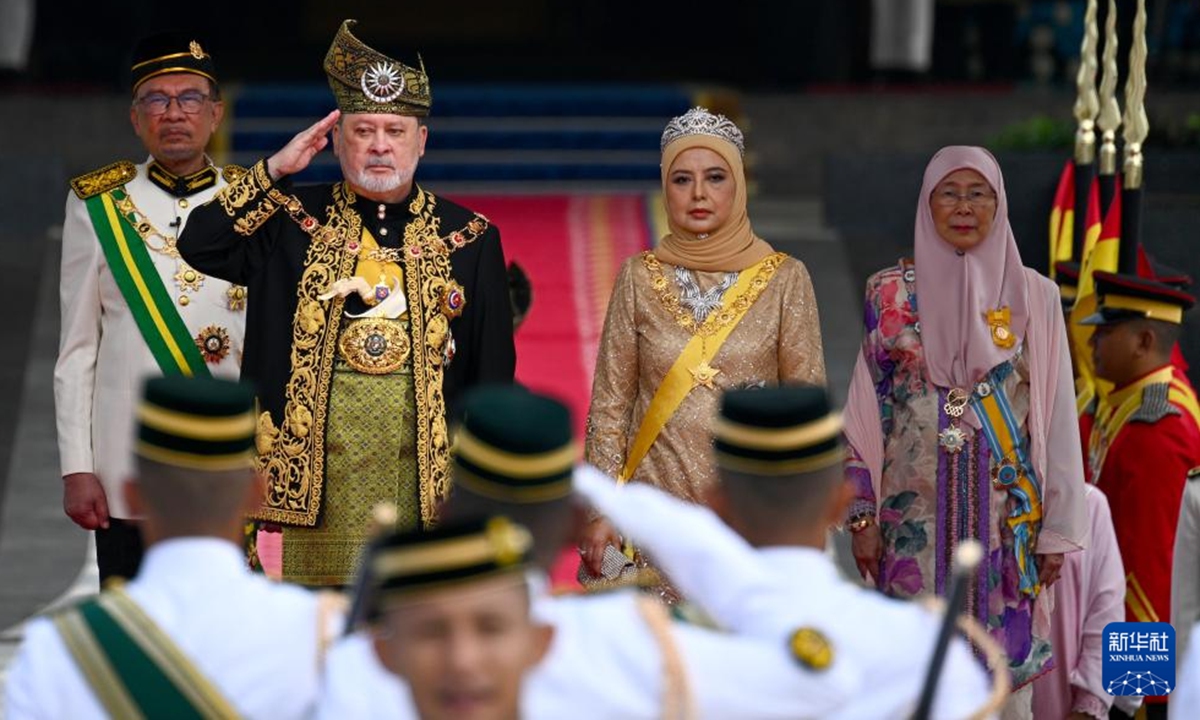 Malaysia's new king Sultan Ibrahim Sultan Iskandar (C, L) attends the installation ceremony in Kuala Lumpur, Malaysia, July 20, 2024. Sultan Ibrahim Sultan Iskandar was formally installed as Malaysia's new king on Saturday, as part of a grand ceremony marking the event held at the National Palace in Kuala Lumpur. (Malaysia's Department of Information/Handout via Xinhua)