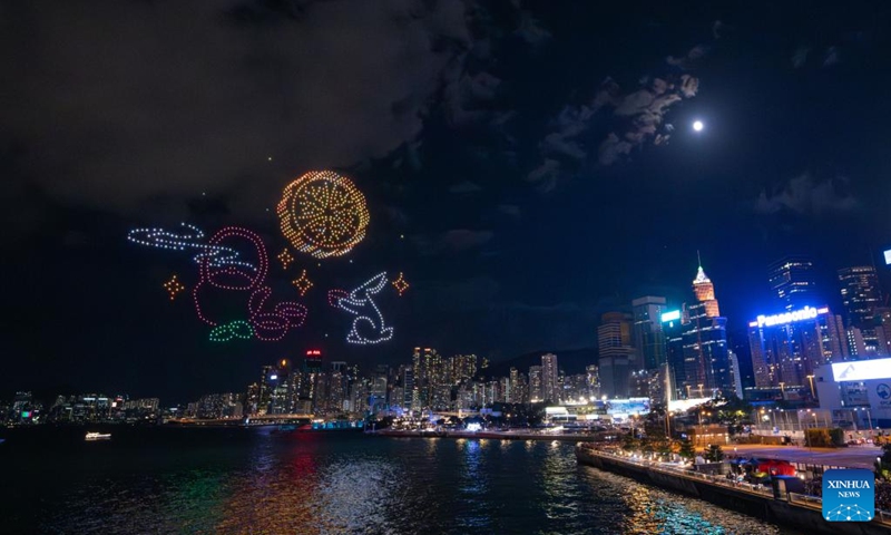 A drone light show in celebration of the Mid-Autumn Festival is staged in Hong Kong, south China, Sept. 17, 2024.(Photo: Xinhua)