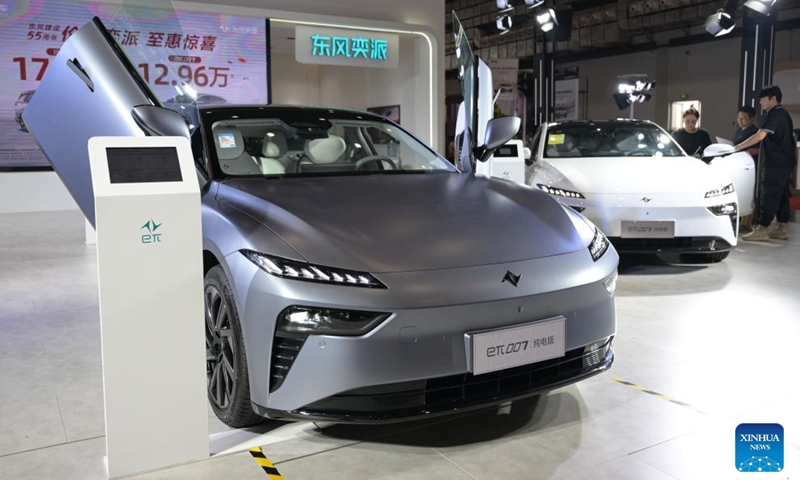 A Dongfeng electric car is seen during the 2024 Hainan Autumn Auto Show in Hainan International Conference and Exhibition Center in Haikou, capital of south China's Hainan Province, Sept. 16, 2024. The show was held from Sept. 13 to 16, with nearly one hundred car manufacturers showcasing their products on a display area of more than 50,000 square meters. About 70 percent of the exhibited vehicles were new energy vehicles. (Photo: Xinhua)