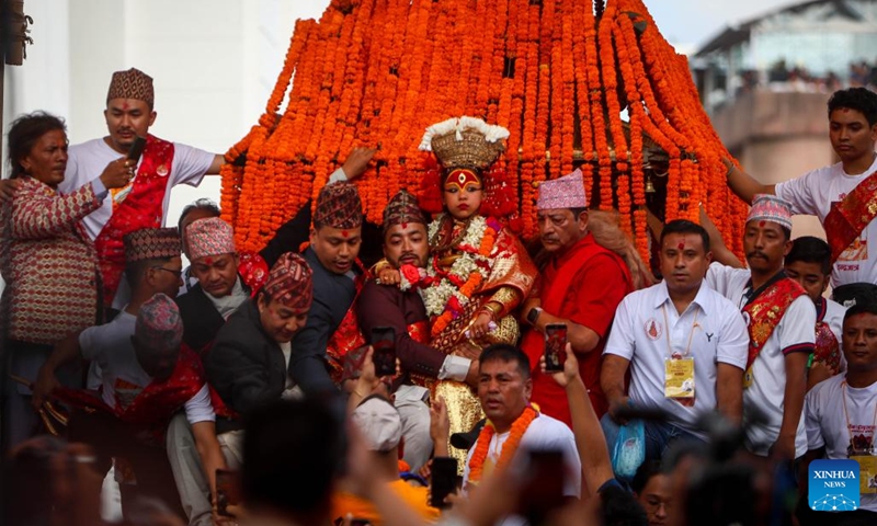 Living Goddess Kumari is carried for the chariot procession during the Indra Jatra Festival in Kathmandu, Nepal, Sept. 17, 2024.

The eight-day festival that kicked off on Sept. 15 honors the god of rain Indra. (Photo: Xinhua)