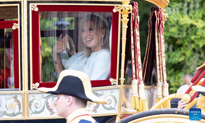 Dutch Queen Maxima waves to people in the Glass Coach on Prinsjesdag, Prince's Day, in The Hague, the Netherlands, on Sept. 17, 2024. The third Tuesday in September is Prince's Day in the Netherlands. It marks the opening of the Dutch parliamentary season, and on this day the reigning monarch outlines the government's plans for the year ahead.  (Photo: Xinhua)