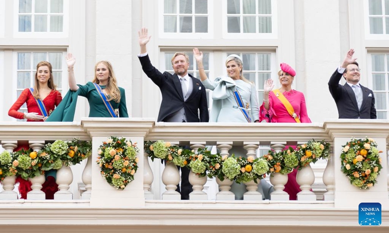 Dutch Princess Alexia, Princess Amalia, King Willem-Alexander, Queen Maxima, Princess Laurentien and Prince Constantijn (from L to R) wave to people on the balcony of Noordeinde Palace on Prinsjesdag, Prince's Day, in The Hague, the Netherlands, on Sept. 17, 2024. The third Tuesday in September is Prince's Day in the Netherlands. It marks the opening of the Dutch parliamentary season, and on this day the reigning monarch outlines the government's plans for the year ahead.  (Photo: Xinhua)