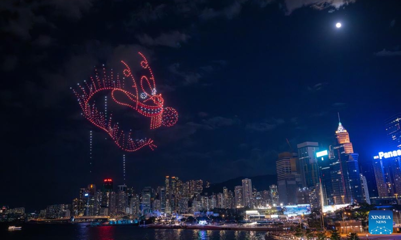 A drone light show in celebration of the Mid-Autumn Festival is staged in Hong Kong, south China, Sept. 17, 2024.(Photo: Xinhua)