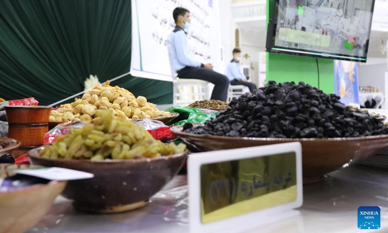 This photo taken on Sept. 17, 2024 shows dried fruits on display at an agricultural fair in Mazar-i-Sharif city, Balkh province, Afghanistan. A two-day fair to put on display local agricultural products opened in Mazar-i-Sharif city, the provincial capital of northern Afghanistan's Balkh province on Tuesday, Mohammad Farooq, an official with the provincial agricultural directorate, said Wednesday. (Photo: Xinhua)