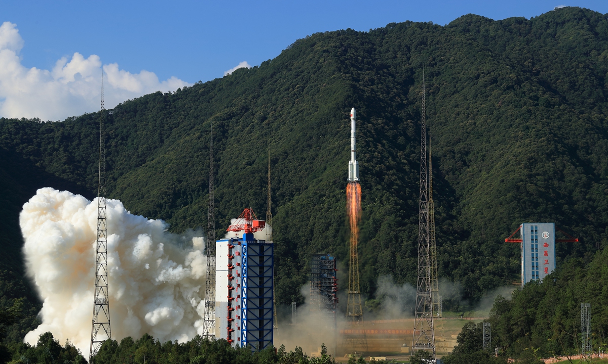 The 59th and 60th satellites of the BeiDou system are launched at 9:14 am by a Long March-3B carrier rocket and the Yuanzheng-1 (Expedition-1) upper stage attached to the carrier rocket from the Xichang Satellite Launch Center in Southwest China's Sichuan Province, on September 19, 2024.(See story on Page 4) Photo: VCG