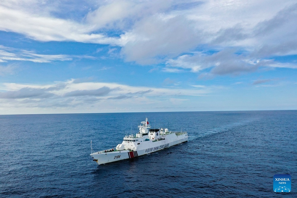 An aerial drone photo taken on Sept. 10, 2024 shows China Coast Guard (CCG) vessel Sifang patrolling in waters adjacent to China's Huangyan Dao. (Photo: Xinhua)