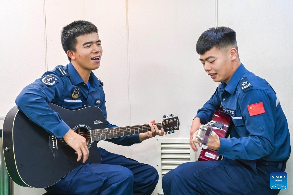 Law enforcers enjoy their leisure time on China Coast Guard (CCG) vessel Sifang during a patrol task in waters adjacent to China's Huangyan Dao, Sept. 10, 2024. (Photo: Xinhua)