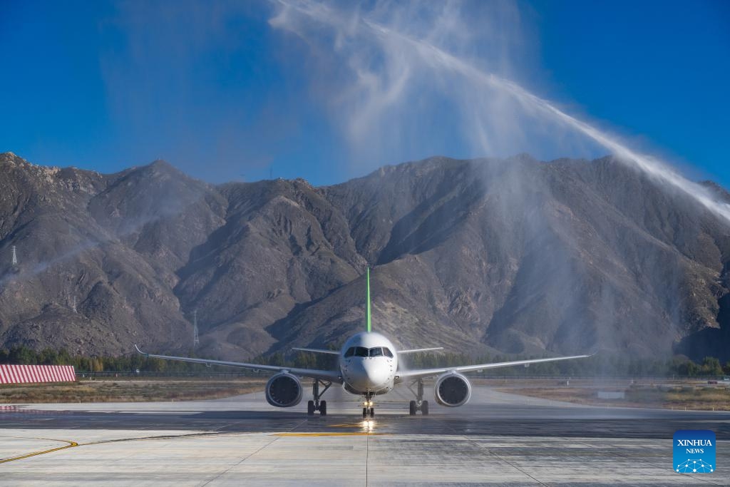 A C919 passenger aircraft operated by China Southern Airlines took off from Guangzhou Baiyun International Airport on Thursday, marking the Guangzhou-based airline's maiden C919 commercial flight.A C919 aircraft receives a ceremonial water salute upon its arrival at Lhasa Gonggar International Airport in Lhasa, southwest China's Xizang Autonomous Region, Sept. 19, 2024. (Photo: Xinhua)