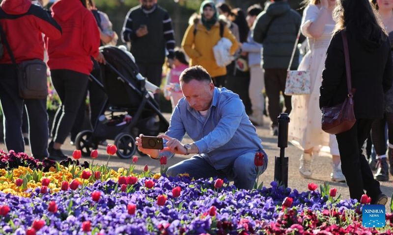 A visitor takes photos of flowers at the Floriade festival in Canberra, Australia, on Sept. 20, 2024. The 37th edition of the annual flower and entertainment festival Floriade launched on Sept. 14 in Canberra's Commonwealth Park. (Photo: Xinhua)