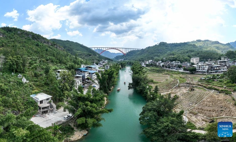 An aerial drone photo shows the Daxiaojing grand bridge on the expressway linking Pingtang and Luodian in southwest China's Guizhou Province, Sept. 5, 2024. Guizhou, with 92.5 percent of its area filled with mountains and hills, has been committed to eliminating bottlenecks in land transportation. Currently, the province has built over 200,000 km of highways, including more than 8,000 kilometers of expressways in operation. (Photo: Xinhua)