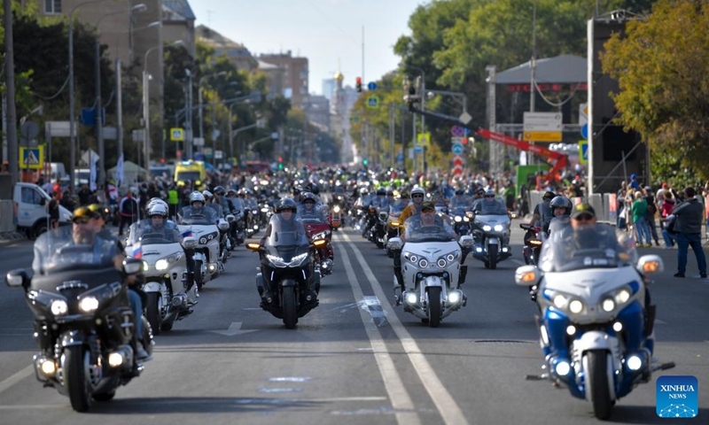 Motorcyclists take part in a parade in Moscow, Russia, on Sept. 21, 2024. The parade marked the end of this year's motorcycle season in Moscow. (Photo: Xinhua)