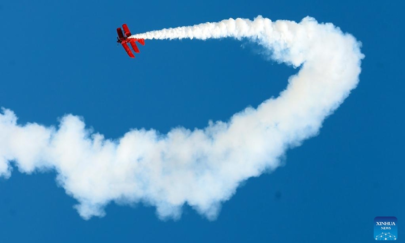 An aircraft performs during the Sivrihisar Airshow 2024 in Sivrihisar district of Eskisehir in Türkiye, Sept. 21, 2024. (Photo: Xinhua)