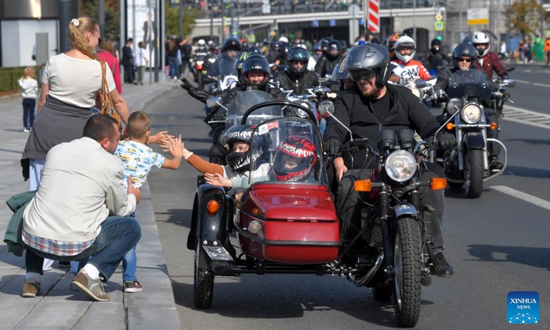 Motorcyclists take part in a parade in Moscow, Russia, on Sept. 21, 2024. The parade marked the end of this year's motorcycle season in Moscow. (Photo: Xinhua)