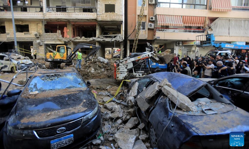 Rescuers work at the site of an Israeli attack in Beirut, Lebanon, on Sept. 21, 2024. At least 31 people, including three children and seven women, were killed in the Israeli attack on Beirut on Friday, Lebanese Minister of Public Health Firass Abiad said on Saturday. (Photo: Xinhua)