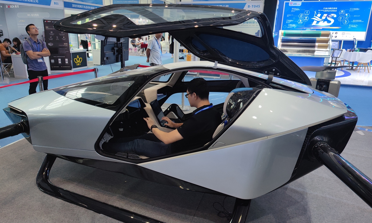 A modular flying car is on display at the 2024 Shenzhen eVTOL Expo on September 23, 2024. The three-day event, which is being held in Shenzhen, South China's Guangdong Province from September 23 to 25, will focus on promoting the high-quality development of the low-altitude economy. Photo: VCG