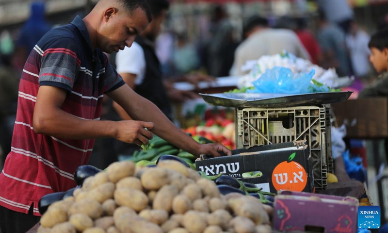 A vegetable vendor is pictured at a market in Deir al-Balah in central Gaza Strip, Sept. 22, 2024. (Photo: Xinhua)