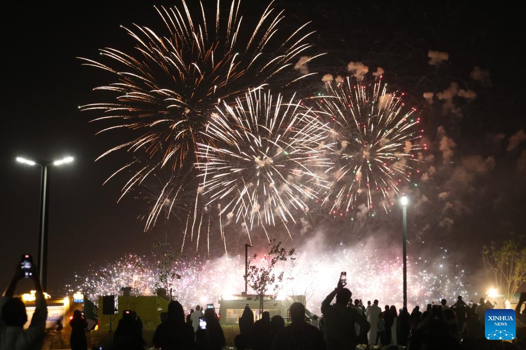 Fireworks light up the sky in celebration of the Saudi Arabia's National Day, in Riyadh, Saudi Arabia, Sept. 23, 2024. (Photo: Xinhua)