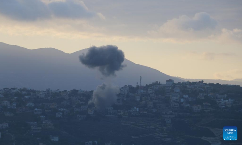 This photo taken on Sept. 23, 2024 shows the smoke caused by Israeli airstrikes in Marjeyoun, Lebanon, Sept. 23, 2024. (Photo: Xinhua)