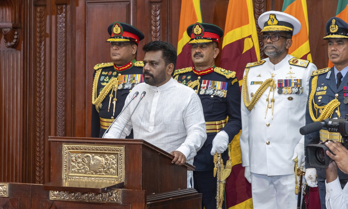 Sri Lanka's new president Anura Kumara Dissanayake addresses a gathering after he was sworn in at the Sri Lankan President's Office in Colombo, Sri Lanka, on September 23, 2024. Photo: VCG