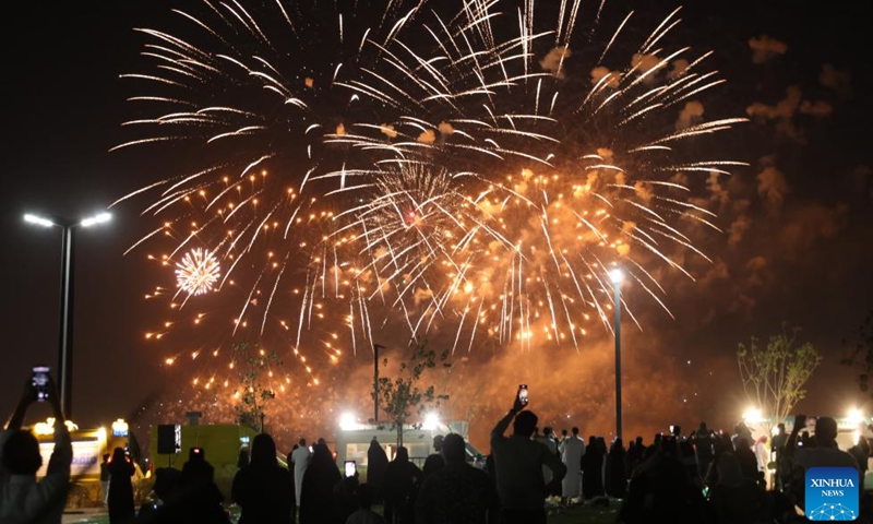 Fireworks light up the sky in celebration of the Saudi Arabia's National Day, in Riyadh, Saudi Arabia, Sept. 23, 2024. (Photo: Xinhua)