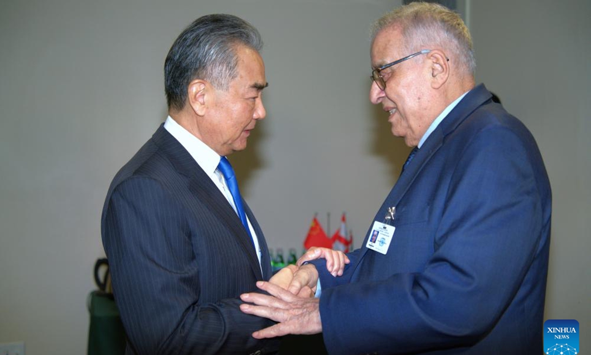 Chinese Foreign Minister Wang Yi, also a member of the Political Bureau of the Communist Party of China Central Committee, meets with Lebanese Foreign Minister Abdallah Bou Habib to exchange views on the situation in the Middle East, in New York, Sept. 23, 2024. (Xinhua/Wu Xiaoling)