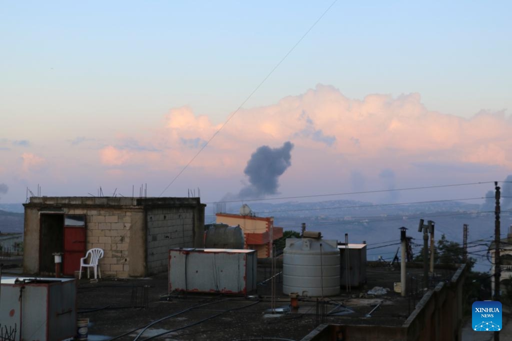 This photo taken on Sept. 23, 2024 shows the smoke caused by Israeli airstrikes in Marjeyoun, Lebanon, Sept. 23, 2024. (Photo: Xinhua)