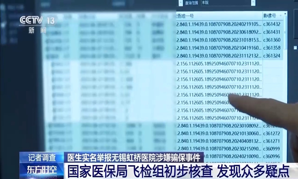 Hospital system of the Wuxi Hongqiao Hospital in East China's Jiangsu Province reveals the records of patients who have never undergone imaging examinations in the radiology department. Photo: Screenshot of China Central Television