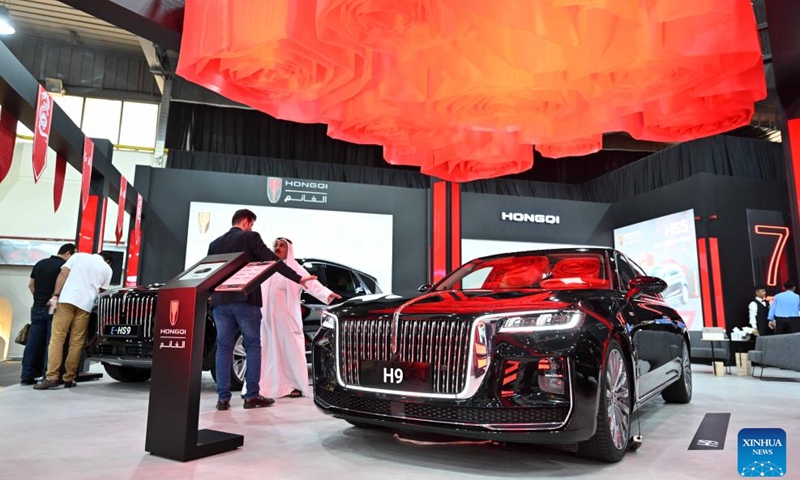 Hongqi passenger vehicles are displayed at the Auto World Show in Hawalli Governorate, Kuwait, Sept. 23, 2024. The six-day event kicked off here Monday. (Photo: Xinhua)