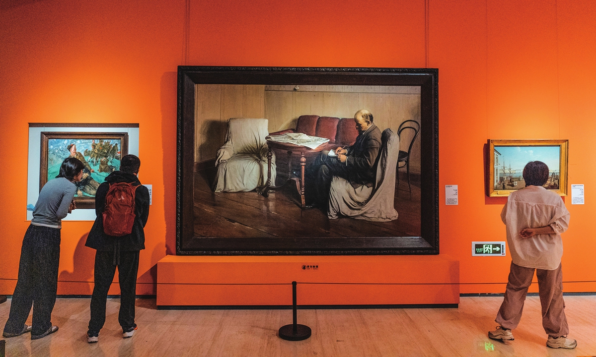 Visitors explore an exhibition of 56 masterpieces, including Lenin in Smolny (center), from Russia's State Tretyakov Gallery at the Capital Museum in Beijing on September 25, 2024. The exhibition covers more than 500 years of Russian art history, from the 16th century to the present. Photo: Li Hao/GT