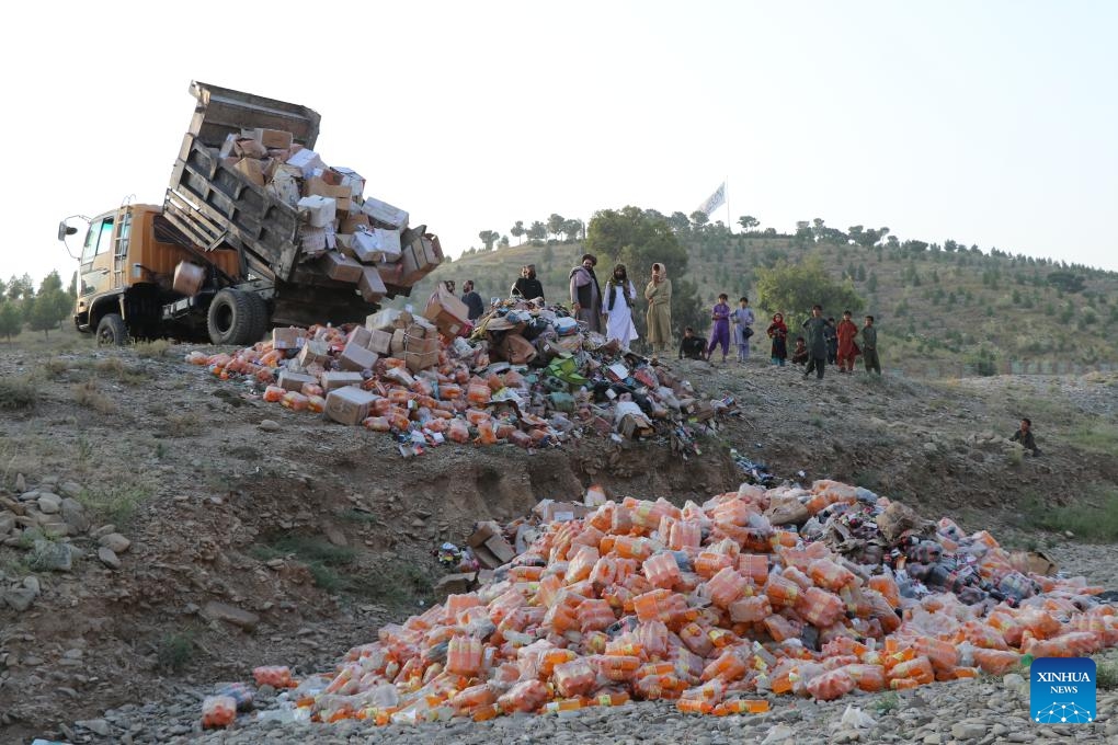 Expired and low-quality medicine and food items are unloaded in eastern Khost province, Afghanistan, Sept. 23, 2024. (Photo: Xinhua)