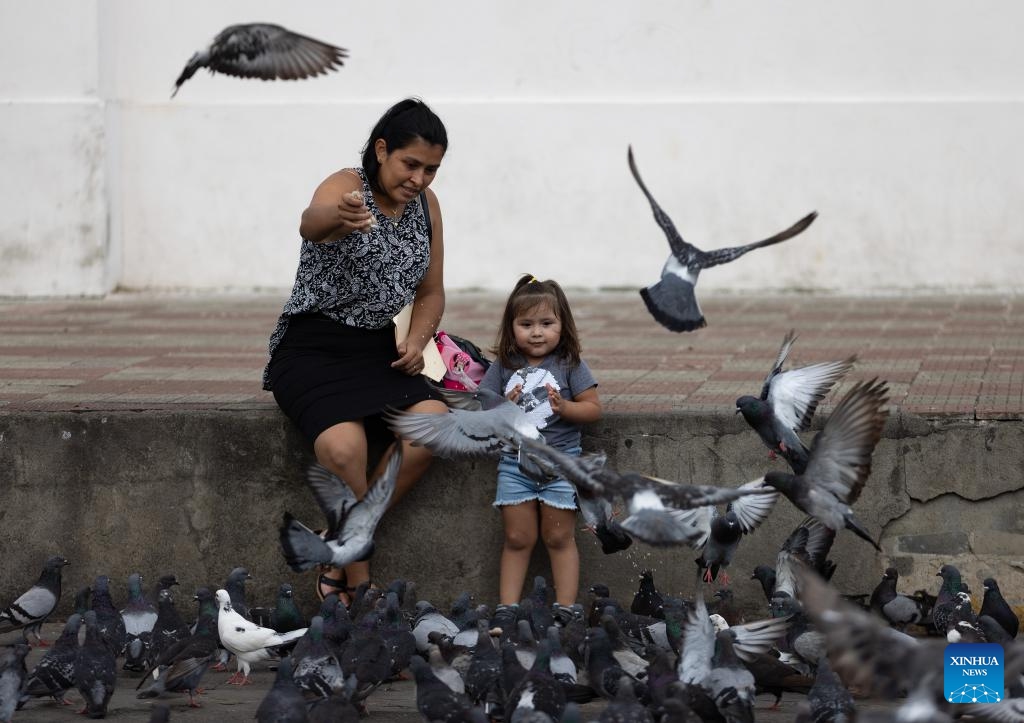 People feed pigeons in Leon, Nicaragua, Sept. 23, 2024. Leon Viejo (meaning Old Leon) was built in 1524. It was damaged by volcanic eruptions and earthquakes and was later moved to a new location. Now Leon is the second largest city in Nicaragua and is home to two World Heritage Sites: the Ruins of Leon Viejo and the Cathedral of Leon. (Photo: Xinhua)